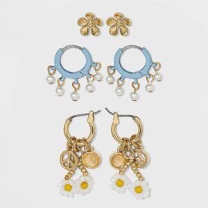 Beaded Flower Pearl Charm Stud & Huggie Trio Hoop Earrings-#12-Wild Fable